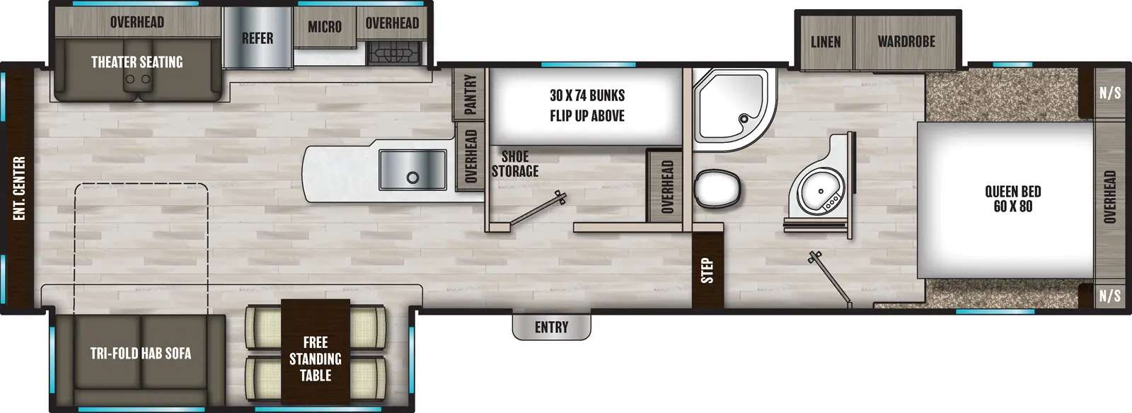 The 30BHS has three slide outs and one entry. Interior layout front to back: front bedroom with a foot facing queen bed, overhead cabinet, night stands on each side, and off-door side slideout with wardrobe and linen cabinet; off-door side 2-entry bathroom; step down to the off-door side bunk room with overhead storage, shoe storage, and bunks with top bunk flip-up; entry door across from bunk room; off-door side peninsula kitchen counter that wraps from the middle of the unit to the inner wall with overhead cabinet and pantry; off-door side slideout with overhead cabinet, microwave, refrigerator, and theater seating with overhead cabinet; door side slideout with free-standing table and tri-fold hide-a-bed sofa; rear entertainment center.